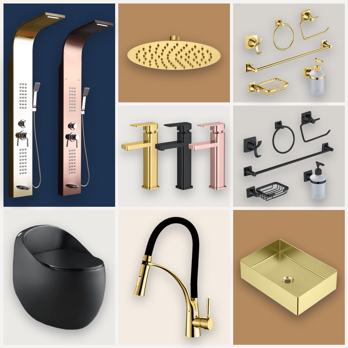 Griferías, duchas, sanitarios y accesorios de baño en dorado, negro y oro rosa